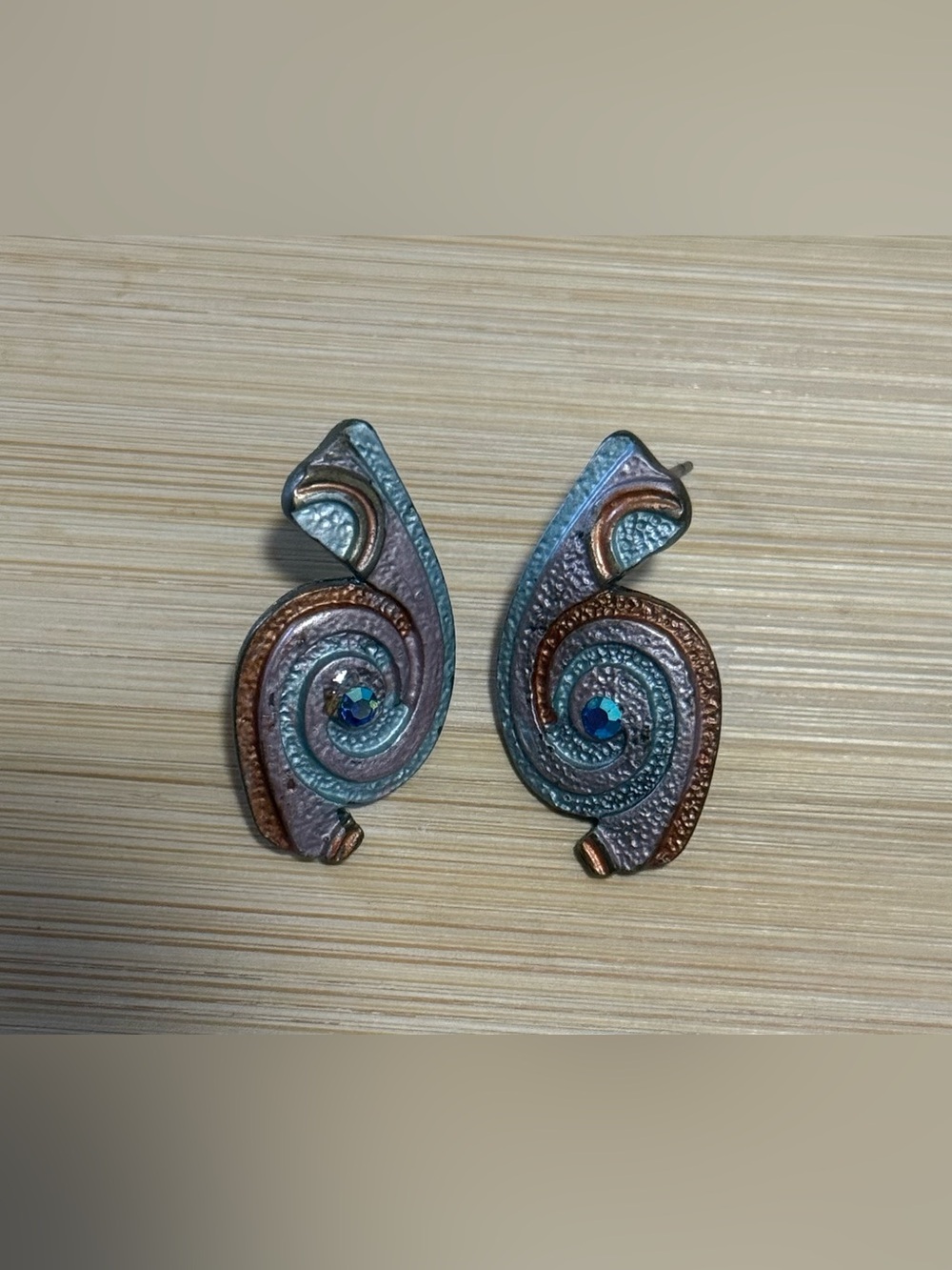 Silver Tone Teal and Copper Swirl Stud Earrings